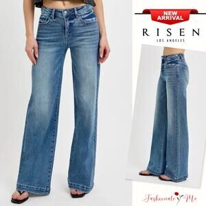 RISEN Tummy Control High Rise Adjustable Waist Medium Wash Wide Leg Denim Jeans